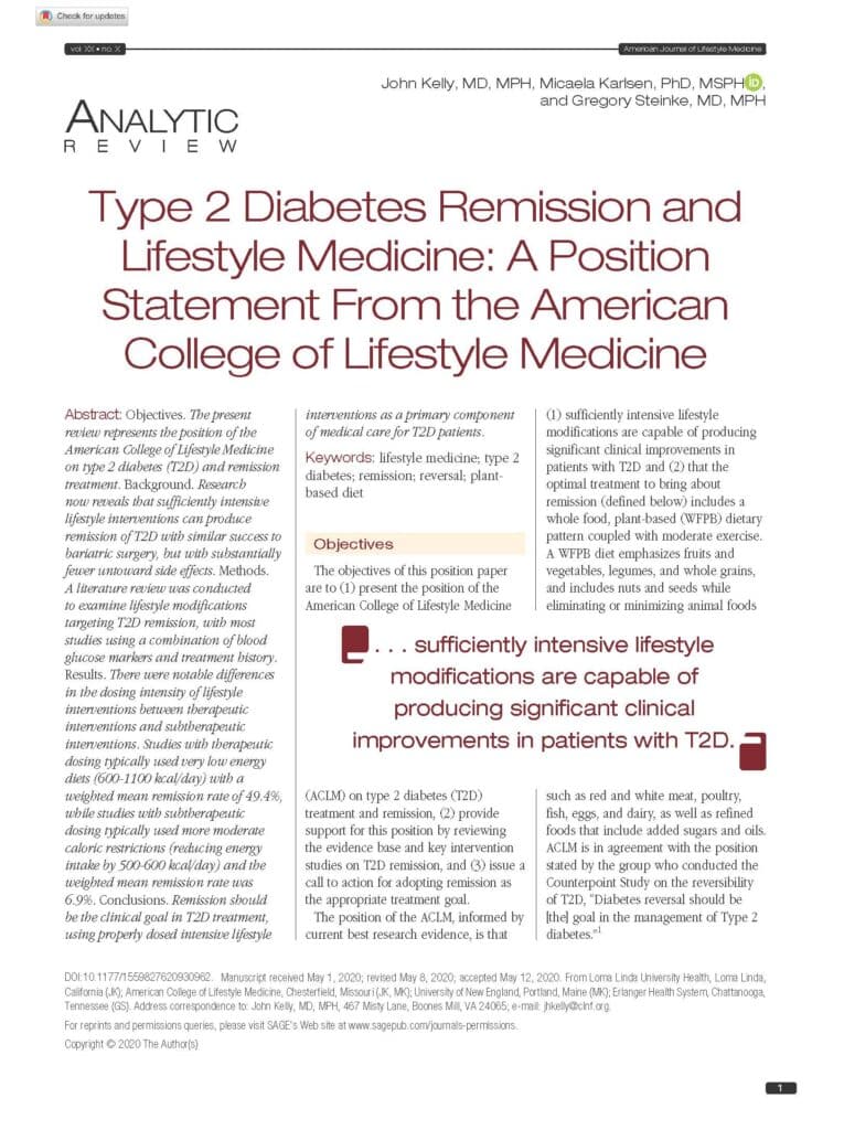 Type 2 Diabetes Remission And Lifestyle Medicine: A Position Statement From The American College Of Lifestyle Medicine